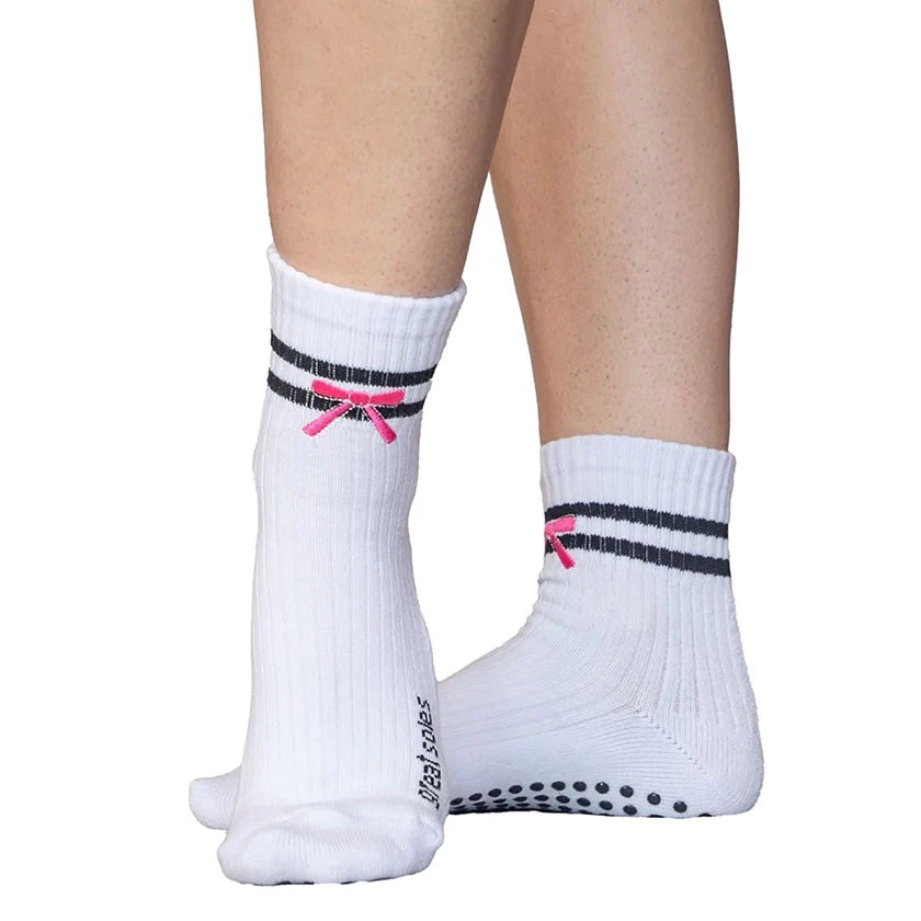 Jess Crew Grip Sock - Pink Bow (Barre / Pilates)