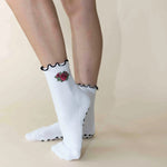 Pilates Honey Embroidered Rose Lettuce Trim Grip Socks 1