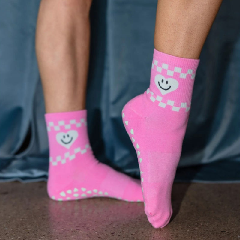 Pilates Honey Pink Smiley Crew Grip Sock