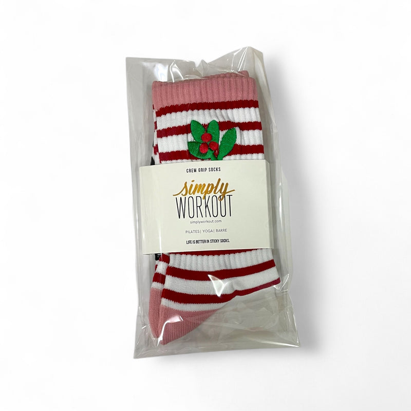 simply workout holiday mistletoe crew grip socks