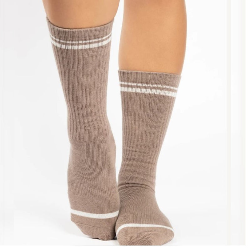 pointe studio varsity crew grip socks taupe