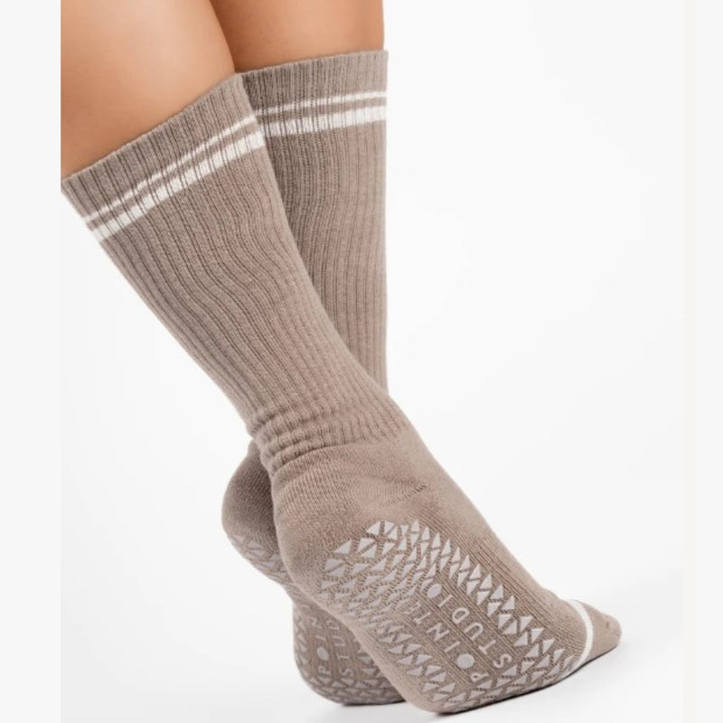 pointe studio varsity crew grip socks taupe