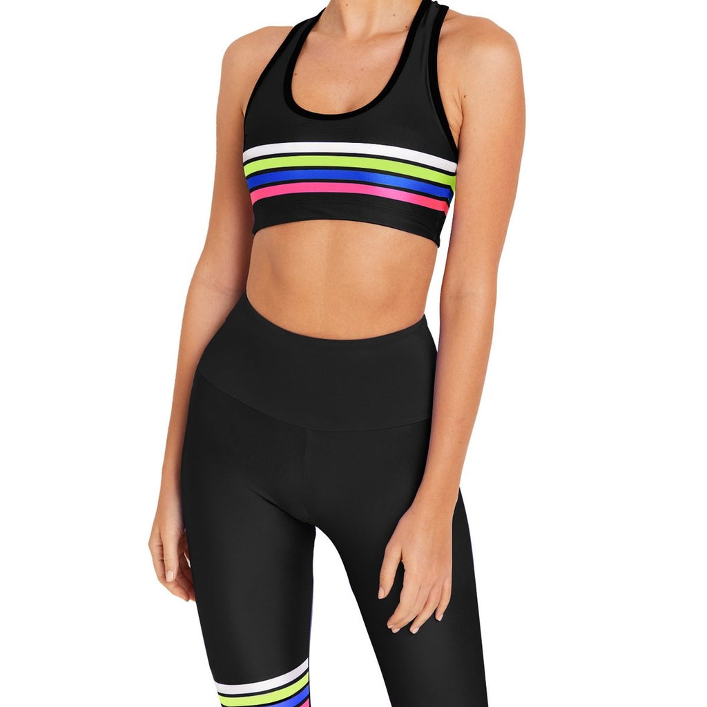 Black Rainbow Side Stripe Sports Bra, Women's Sportswear