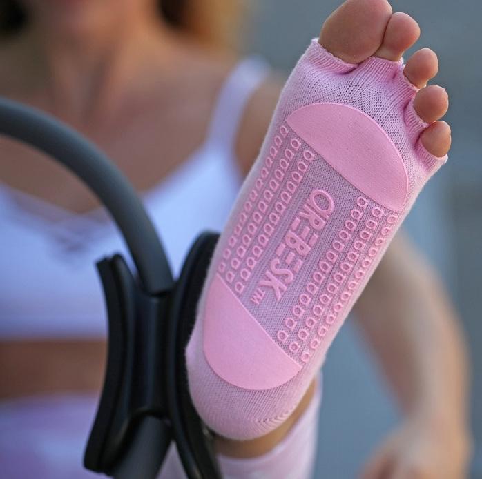 Beige slip-on grip socks pilates reformer yoga barre trampoline