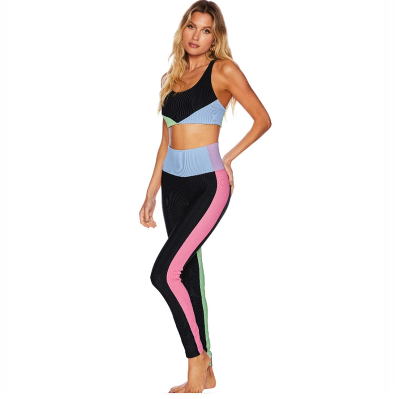 South Beach Black with Blue Yellow Side Stripe Gym Leggings Activewear