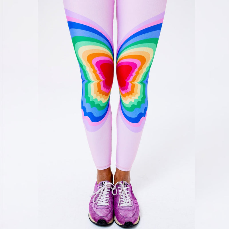 Womens Leggings | Pink Butterfly Leggings | Yoga Pants | Footless Tights |  No-Roll Waistband